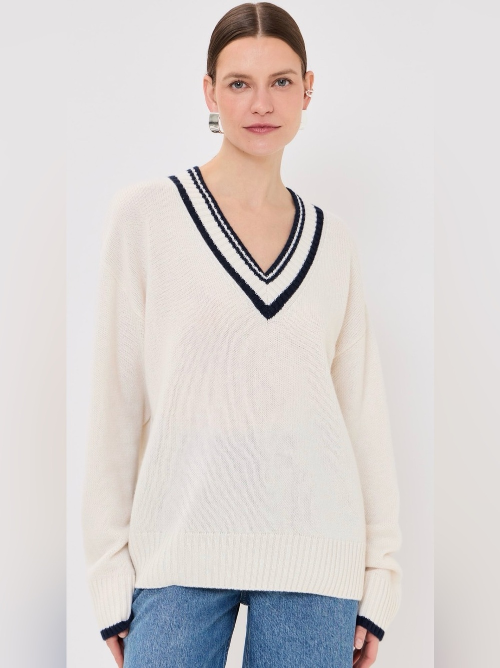 Reformation Cashmere Varsity Vneck Sweater Cream Navy XS - Picture 2 of 12